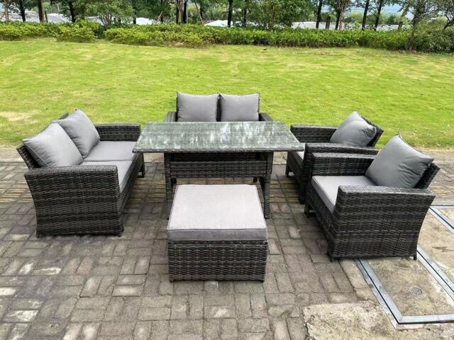 Fimous 7 Seater High Back Dark Grey Mixed Rattan Sofa Dining Table Set Garden Furniture Love Sofa Arm Chair