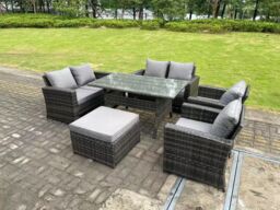 Fimous 7 Seater High Back Dark Grey Mixed Rattan Sofa Dining Table Set Garden Furniture Love Sofa Arm Chair - thumbnail 2