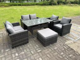 Fimous 7 Seater High Back Dark Grey Mixed Rattan Sofa Dining Table Set Garden Furniture Love Sofa Arm Chair - thumbnail 3