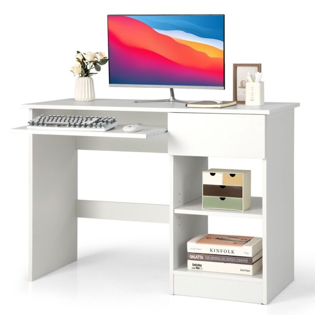 Costway Modern Computer Desk Workstation PC Laptop Table w/ Keyboard Tray & Drawer in White - image 1