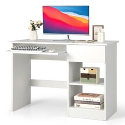 Costway Modern Computer Desk Workstation PC Laptop Table w/ Keyboard Tray & Drawer in White