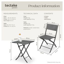 tectake Garden Furniture Set Trevi - 2 chairs, 1 table, bistro set, foldable in Grey - Size: 2 Seater - thumbnail 6