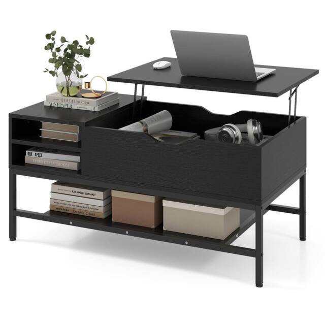 Costway Lift Top Coffee Table Living Room Table w/ Storage Shelf-Black in Black - image 1