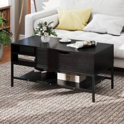 Costway Lift Top Coffee Table Living Room Table w/ Storage Shelf-Black in Black - thumbnail 7