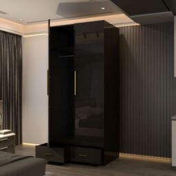 Sliding Wardrobes 4U High Gloss 2-Door Wardrobe with Mirror & Drawers W90 x H200cm x D50cm in Black - thumbnail 2
