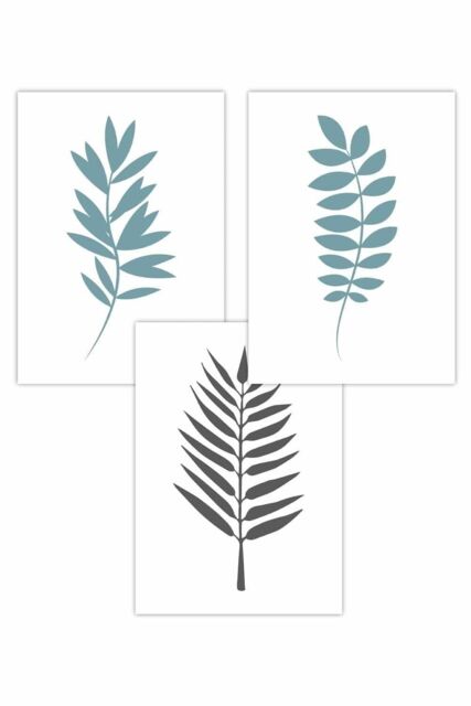 ARTZE Set of 3 Graphical Blue Grey Leaves Art Posters in Duck Egg Blue - Size: W50 cm x H70 cm - image 1