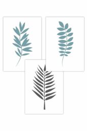 ARTZE Set of 3 Graphical Blue Grey Leaves Art Posters in Duck Egg Blue - Size: W50 cm x H70 cm - thumbnail 1