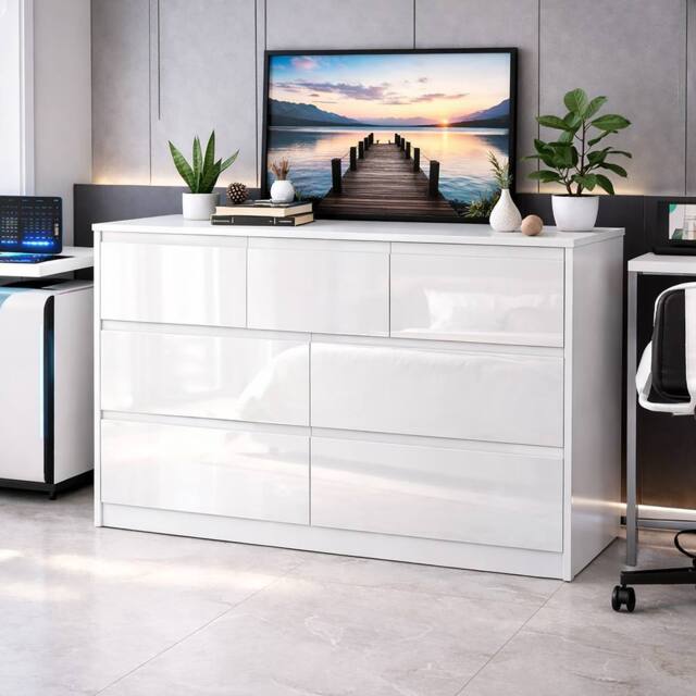 Harmin Modern White High Gloss Chest of Drawers, 7 Drawer Handleless Cabinet - image 1