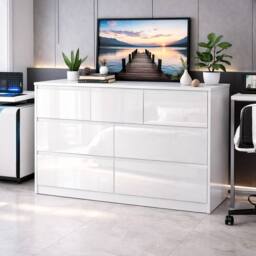 Harmin Modern White High Gloss Chest of Drawers, 7 Drawer Handleless Cabinet