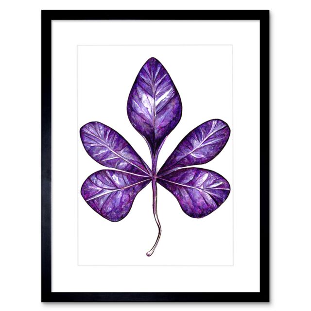 "Artery8 Wall Art Print Purple on White Money Tree Leaf Modern Simple Artwork Framed 9X7 Inch in Black - Size: W7"" x H9""" - image 1