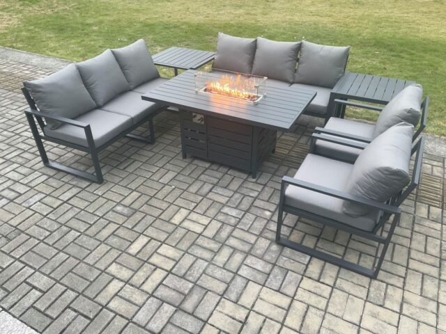 Fimous Aluminium Outdoor Garden Furniture Set Patio Lounge Sofa Gas Fire Pit Dining Table Set with 2 Side Tables Dark Grey - image 1