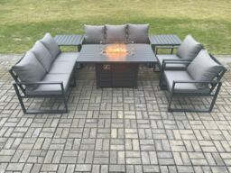 Fimous Aluminium Outdoor Garden Furniture Set Patio Lounge Sofa Gas Fire Pit Dining Table Set with 2 Side Tables Dark Grey - thumbnail 2