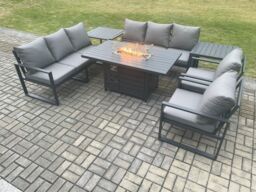 Fimous Aluminium Outdoor Garden Furniture Set Patio Lounge Sofa Gas Fire Pit Dining Table Set with 2 Side Tables Dark Grey - thumbnail 1