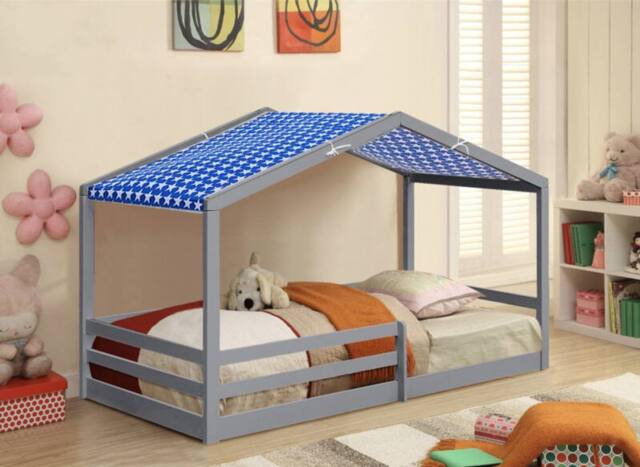 Comfy Living Ltd 3ft Wooden House Bed With Blue Tent in Grey - Size: Single - image 1