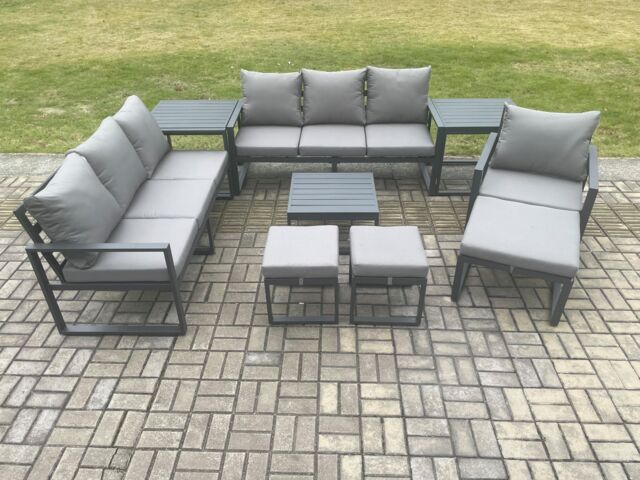 Fimous Aluminium Outdoor Lounge Sofa Set Garden Furniture Sets with Square Coffee Table Chair 3 Footstools 2 Side Tables Dark Grey - image 1