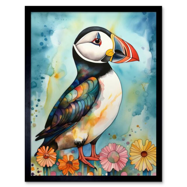 "Artery8 Wall Art Print Puffin Bird With Flowers Folk Art Framed in Black - Size: W12"" x H16""" - image 1