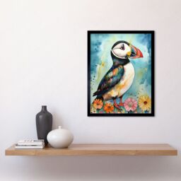 "Artery8 Wall Art Print Puffin Bird With Flowers Folk Art Framed in Black - Size: W12"" x H16""" - thumbnail 2