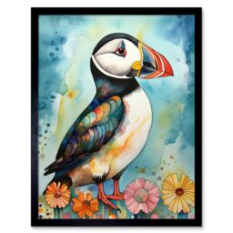 "Artery8 Wall Art Print Puffin Bird With Flowers Folk Art Framed in Black - Size: W12"" x H16""" - thumbnail 1