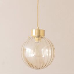 ValueLights Chessy Ribbed Glass Globe Brushed Gold Capped Ceiling Pendant Light in Amber - thumbnail 4