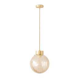 ValueLights Chessy Ribbed Glass Globe Brushed Gold Capped Ceiling Pendant Light in Amber - thumbnail 2
