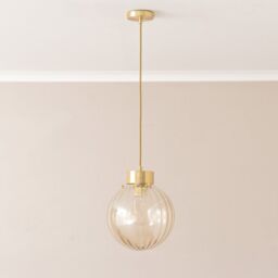 ValueLights Chessy Ribbed Glass Globe Brushed Gold Capped Ceiling Pendant Light in Amber - thumbnail 3