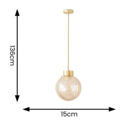 ValueLights Chessy Ribbed Glass Globe Brushed Gold Capped Ceiling Pendant Light in Amber - thumbnail 6