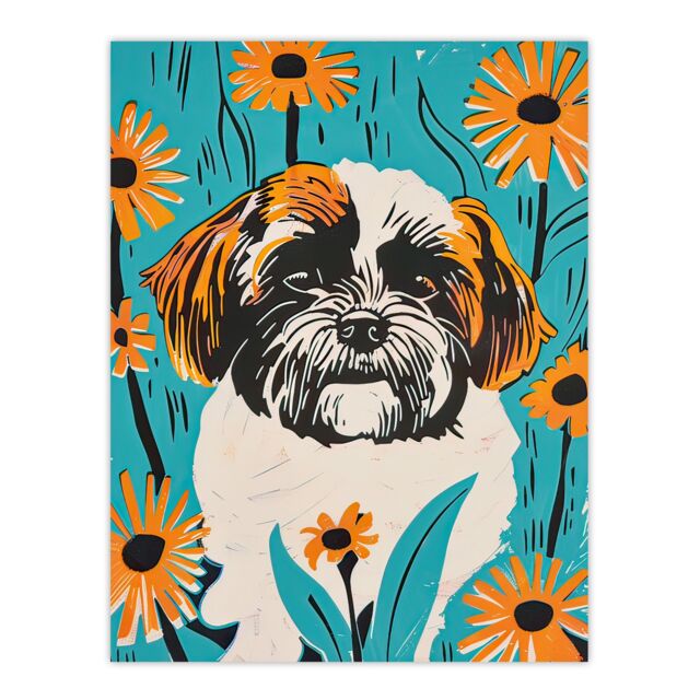 "Artery8 Vibrant Shih Tzu Daisy Portrait Dog Lover Floral Wall Art Print in Blue - Size: W12"" x H16""" - image 1