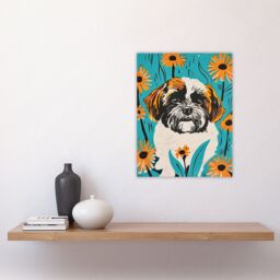 "Artery8 Vibrant Shih Tzu Daisy Portrait Dog Lover Floral Wall Art Print in Blue - Size: W12"" x H16""" - thumbnail 4
