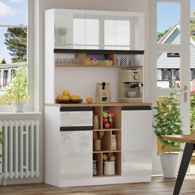 Merax High Kitchen Storage Cabinet with High Gloss Doors & Storage in White - image 1