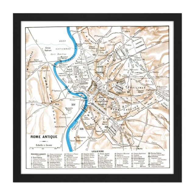 "Artery8 Wall Art Print Map Antique Historic 1870 Ancient Rome City Plan Replica Square Framed Picture 16X16 Inch in Black - Size: W16"" x H16""" - image 1