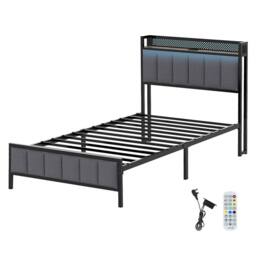 Levede Single Bed Frame Upholstered Headboard Metal Base LED USB Lights in Dark Grey - thumbnail 3