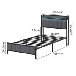 Levede Single Bed Frame Upholstered Headboard Metal Base LED USB Lights in Dark Grey - thumbnail 4