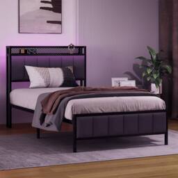Levede Single Bed Frame Upholstered Headboard Metal Base LED USB Lights in Dark Grey - thumbnail 2