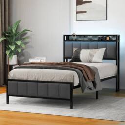 Levede Single Bed Frame Upholstered Headboard Metal Base LED USB Lights in Dark Grey