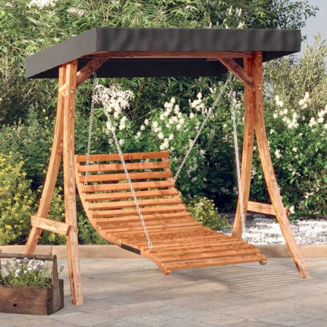Berkfield Home Swing Bed with Canopy Solid Wood Spruce with Teak Finish in Brown - image 1