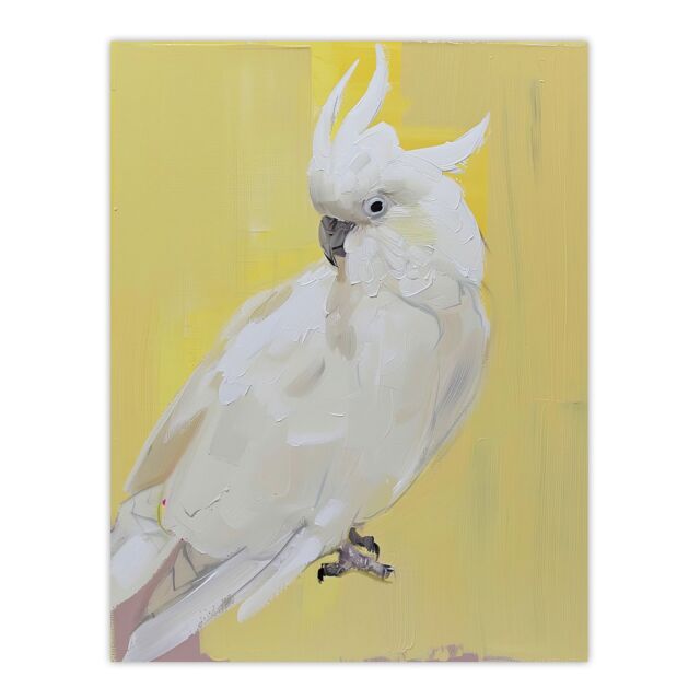 "Artery8 White Cockatoo Parrot Bird on Yellow Oil Painting Wall Art Print - Size: W12"" x H16""" - image 1