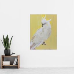 "Artery8 White Cockatoo Parrot Bird on Yellow Oil Painting Wall Art Print - Size: W12"" x H16""" - thumbnail 4