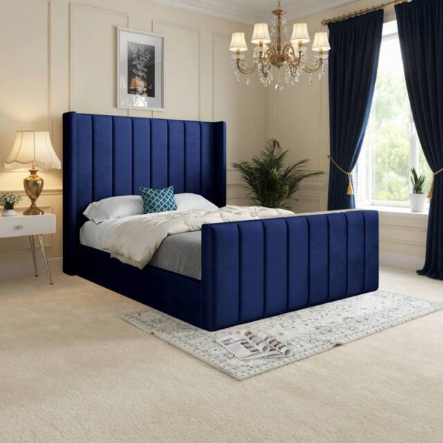 KDMD Sturminster Winged Upholstered Blue Soft Velvet Designer Bed Frame - Size: King - image 1