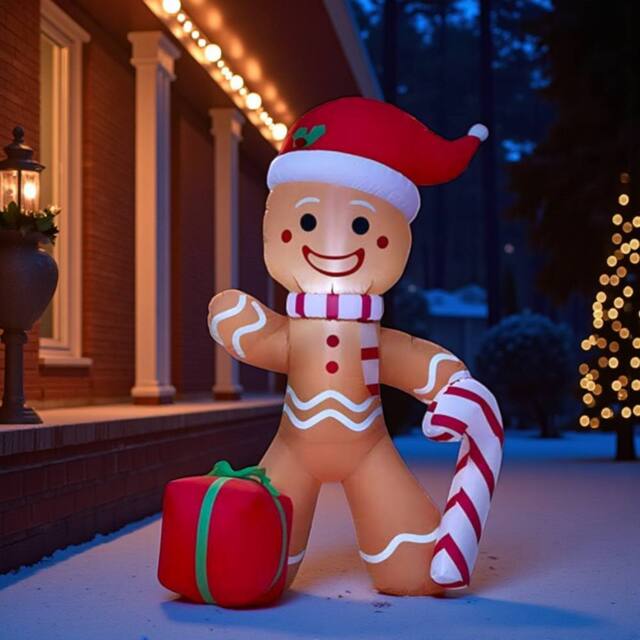 Garden Greatness 4ft Inflatable LED Candy Cane Gingerbread Man in Brown - Size: 1 Pack