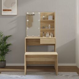 Berkfield Home Dressing Table Set with LED Sonoma Oak Engineered Wood in Brown - thumbnail 1
