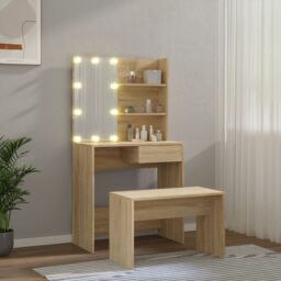 Berkfield Home Dressing Table Set with LED Sonoma Oak Engineered Wood in Brown - thumbnail 3