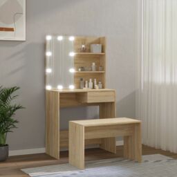 Berkfield Home Dressing Table Set with LED Sonoma Oak Engineered Wood in Brown - thumbnail 4
