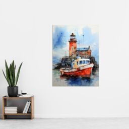 Artery8 Scottish Harbour Fishing Boats Lighthouse Modern Watercolour Artwork Blue & Red Extra Large XL Unframed Wall Art Poster Print - thumbnail 4