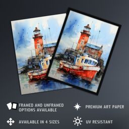 Artery8 Scottish Harbour Fishing Boats Lighthouse Modern Watercolour Artwork Blue & Red Extra Large XL Unframed Wall Art Poster Print - thumbnail 2