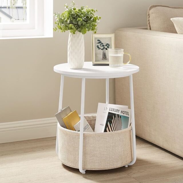 VASAGLE Round End Table Fabric Basket Spacious Modern Bedside Living Room in White - image 1