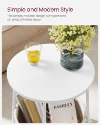 VASAGLE Round End Table Fabric Basket Spacious Modern Bedside Living Room in White - thumbnail 4