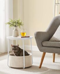 VASAGLE Round End Table Fabric Basket Spacious Modern Bedside Living Room in White - thumbnail 2