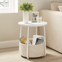 VASAGLE Round End Table Fabric Basket Spacious Modern Bedside Living Room in White - thumbnail 1