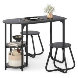 VOGREX Bar Table Set with 2 Stools, 2 Storage Shelves in Black - thumbnail 2
