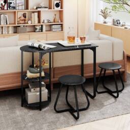 VOGREX Bar Table Set with 2 Stools, 2 Storage Shelves in Black - thumbnail 5